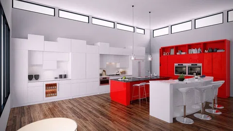 A 3D colour rendering of a white and red gloss kitchen